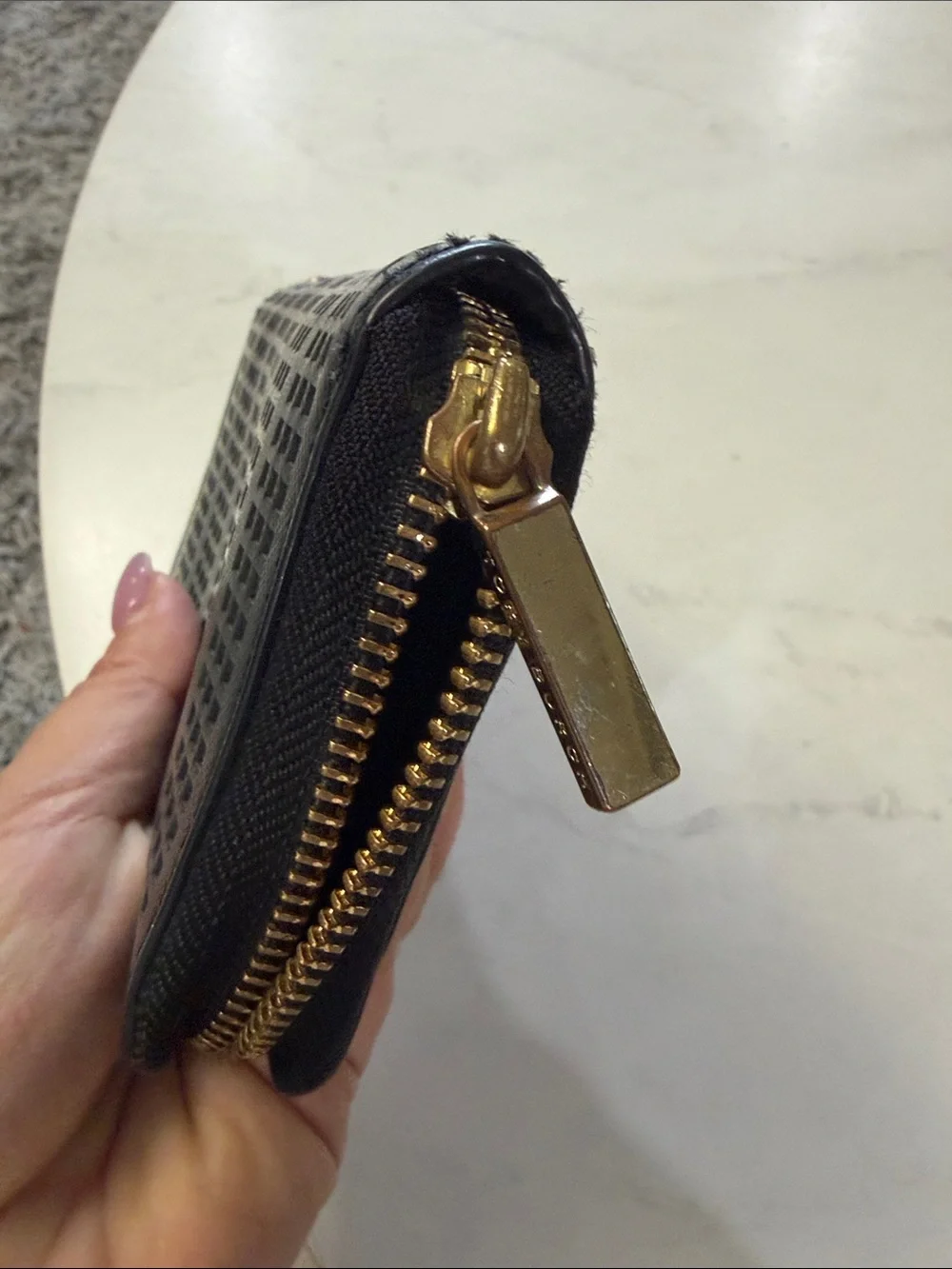 Tory Burch Black Perforated Zip Phone Wallet with Gold Logo